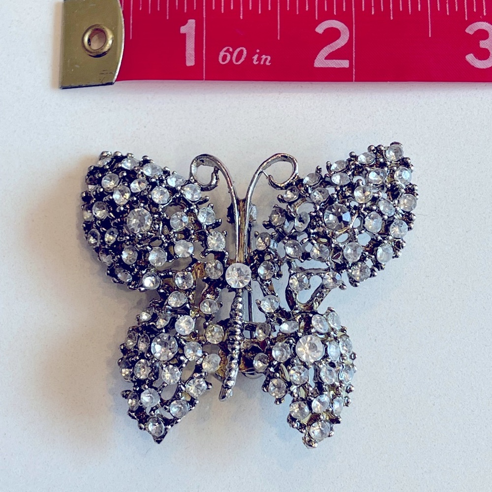 Silver diamond crystal butterfly pin brooch